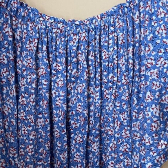 Chaps Womens Blue Floral Print Short-Sleeve Blouse With Tie Neck L - Picture 8 of 10